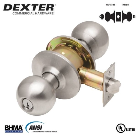 DEXTER BY SCHLAGE CYLINDRICAL LOCK, ENTRY/OFFICE BALL KNOB GRADE 2 UL LISTED 3 HOUR 6-PIN SCHLAGE C KD SATIN STAINLESS DEX-C2000-ENTR-B-630